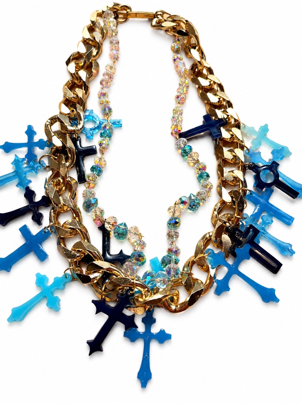 Relic Theory Blue Sunday Gold ToneChain Necklace with Blue Cross Charms